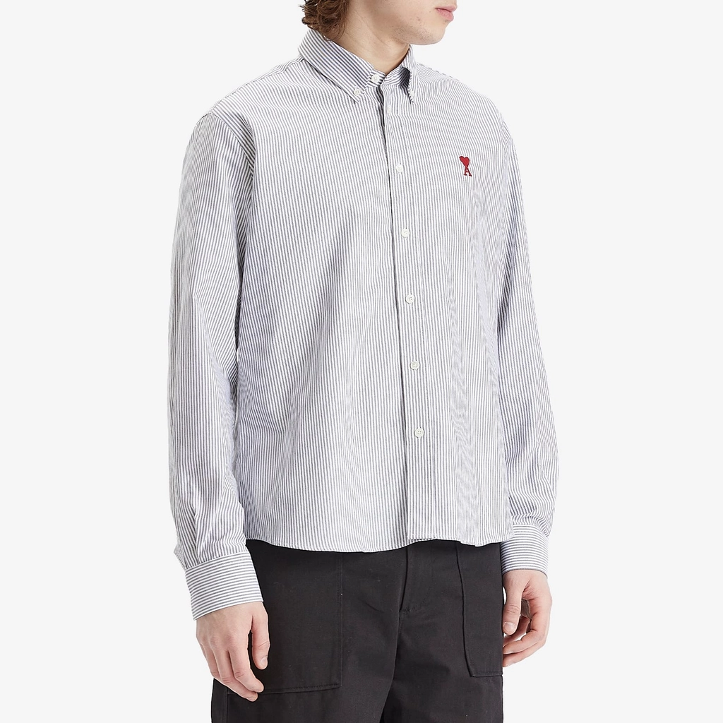 AMI Paris Men's Heart Striped Button Down Oxford Shirt Black/Natural White